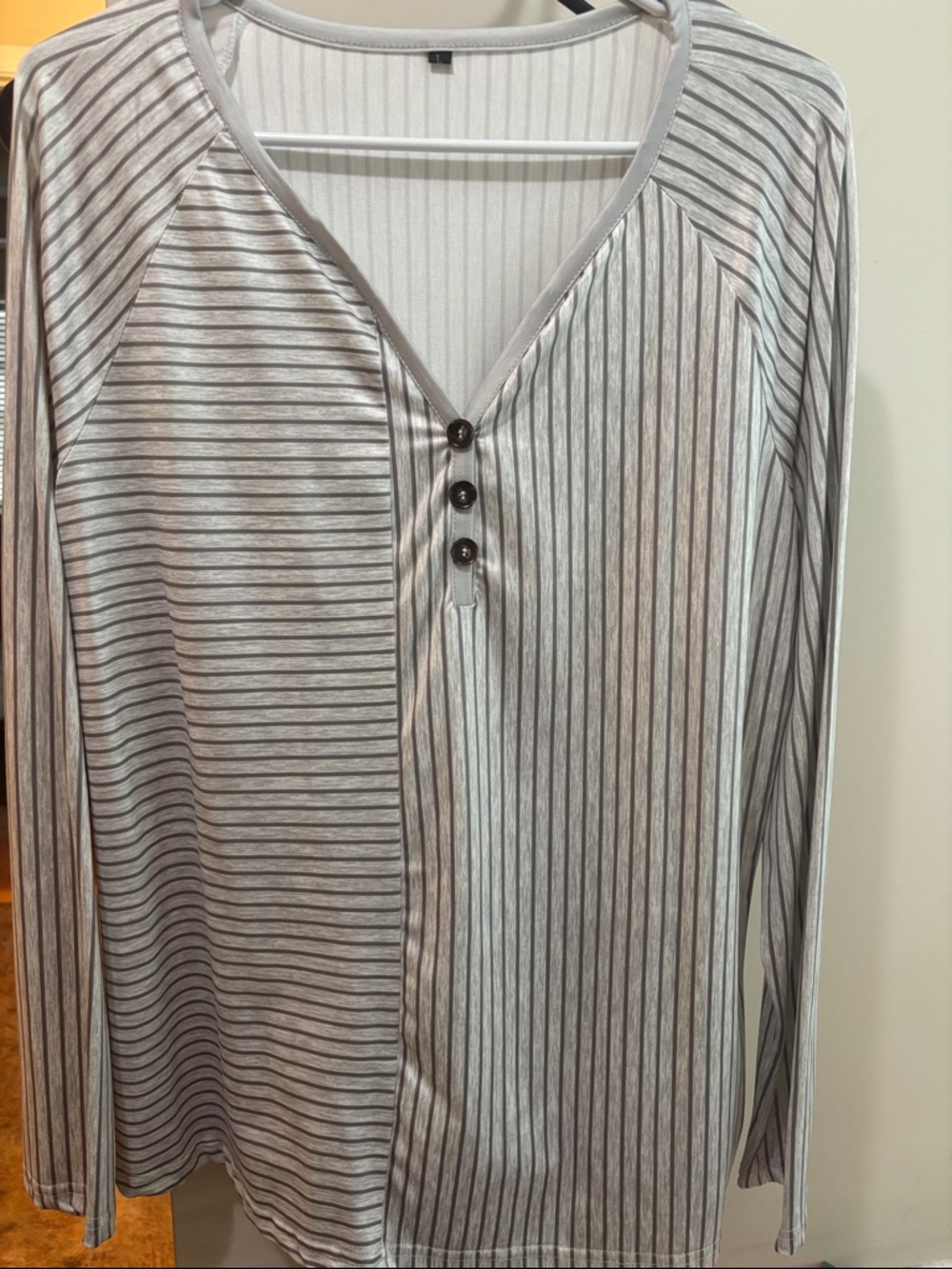 Women’s Long Sleeve Grey Striped Henley Shirt